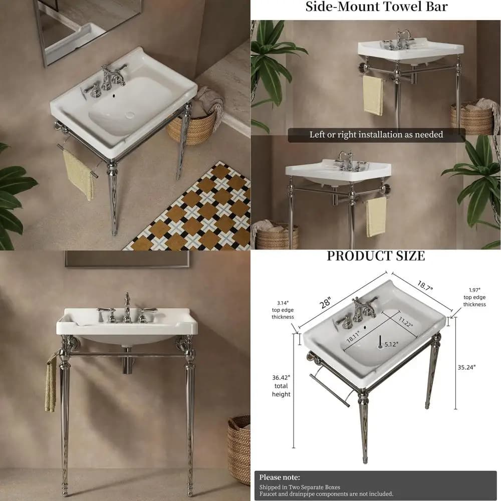 Mobile bagno sospeso 28 con lavabo in ceramica bianca, gambe in acciaio inossidabile, portasciugamani e 3 fori per rubinetteria