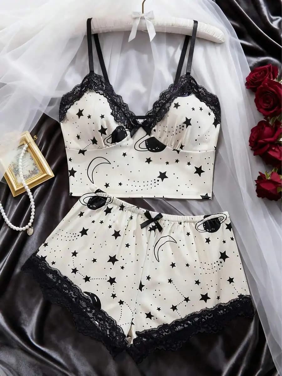 2pcs Women Star Planet Print Lace Trim Pajama Set V-Neck Camisole And Shorts