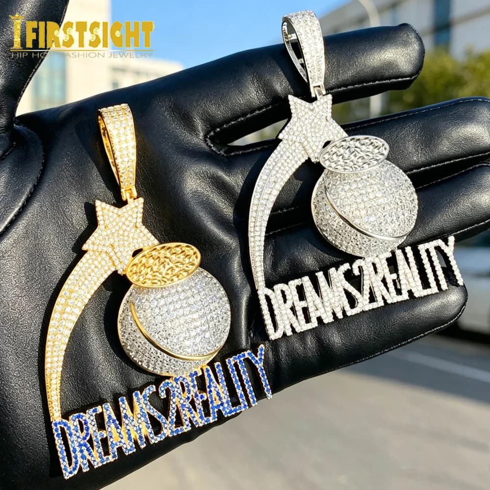 Letters Bling Frozen DREAMS TO REALITY Necklace with pendant Gold color Zircone CZ Money bag Star Charm Jewelry Hip Hop for men