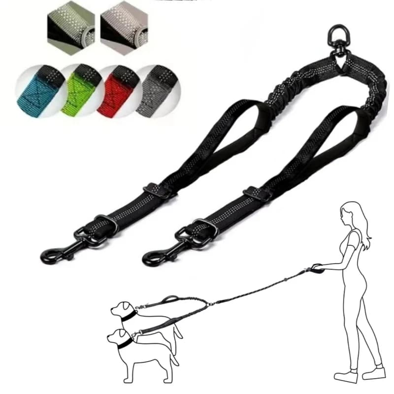 Guinzaglio Doppio per Cani da 0,5-0,9 m, Guinzagli Doppi per Addestramento Cani Piccoli e Grandi, Cinghia Regolabile con Ammortizzatore Elastico