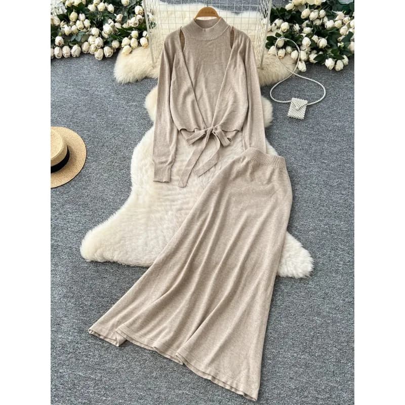 Korean Style Chic Scheming Design Cross Strap Stitching Long Sleeve Knitted Tops High Waist Skirt Temperament Suit Women 2-piece