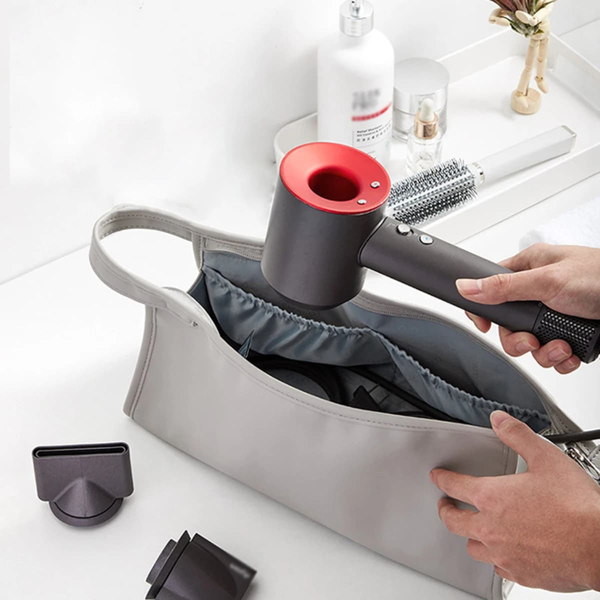 Borsa portaoggetti portatile per asciugacapelli in PU, borsa portaoggetti portatile da viaggio per asciugacapelli, borsa portaoggetti per ferro arricciacapelli e bigodino, 1 PC