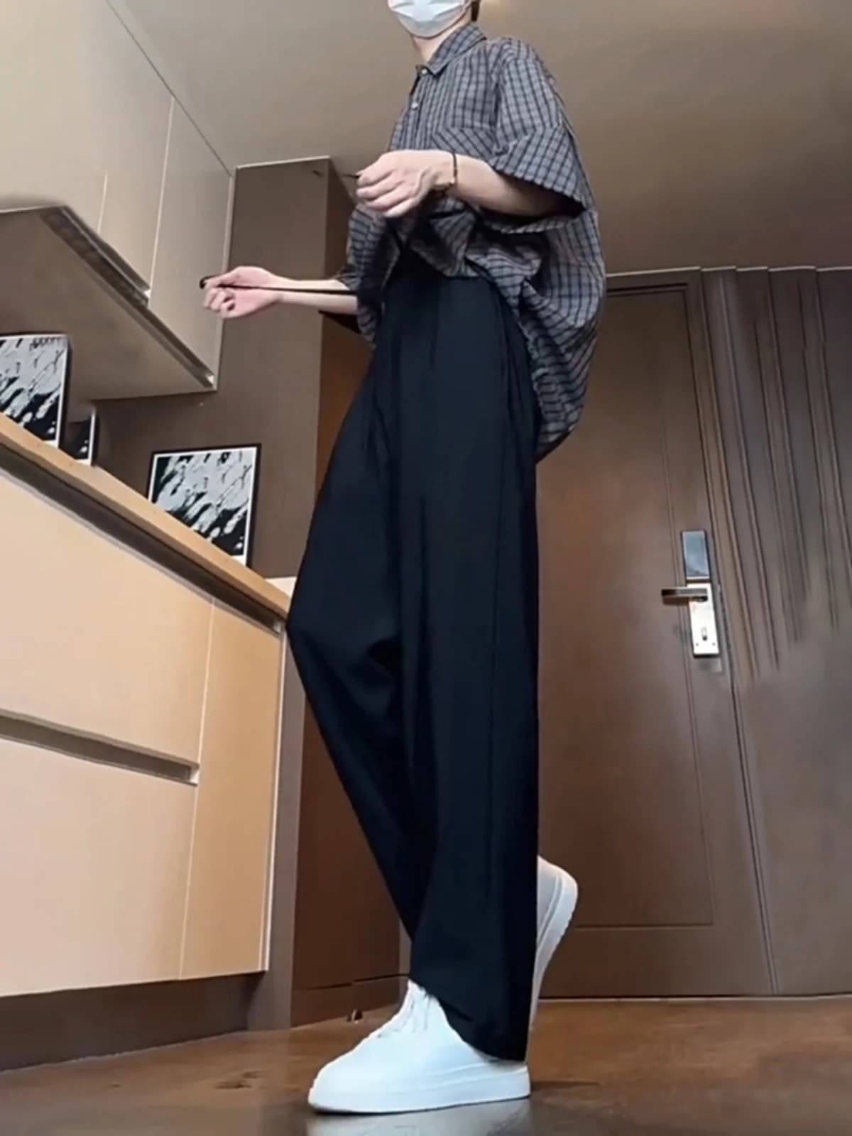 Black Ice Silk Men's Casual Pants Loose Fit Summer Air Conditioned Straight Leg Leisure Sportswear High Street Style Trousers