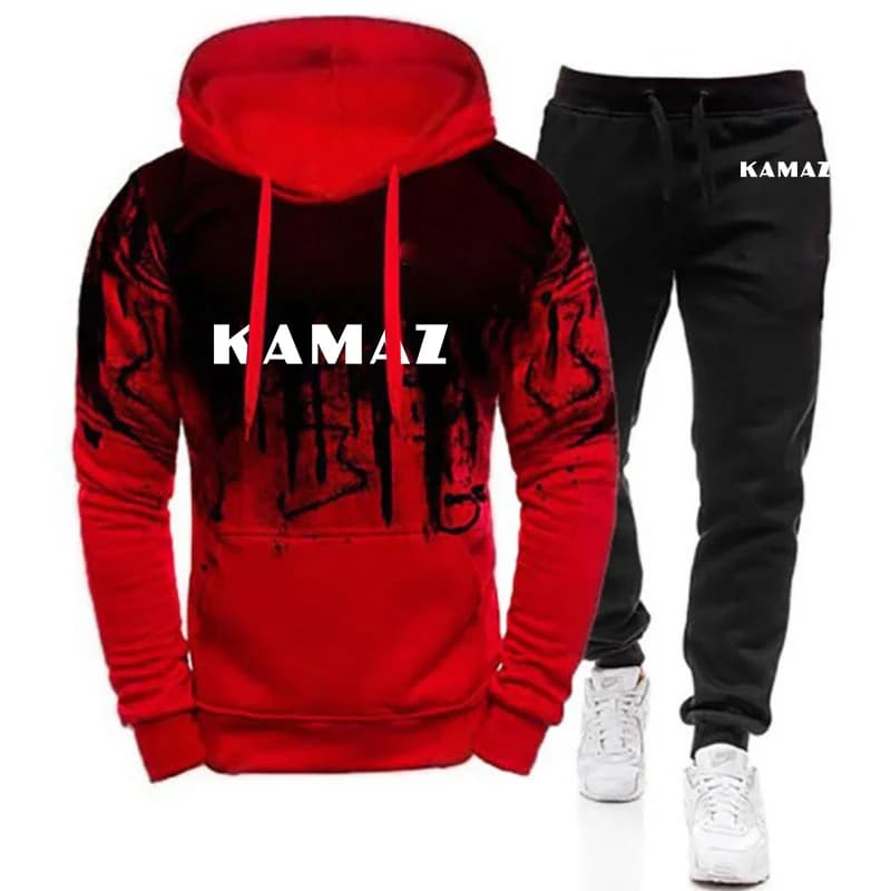 2025 Primavera e Autunno Uomo KAMAZ TRUCK Logo Stampa High Street Antivento Tuta da alpinismo Felpe con cappuccio + Pantaloni lunghi popolari