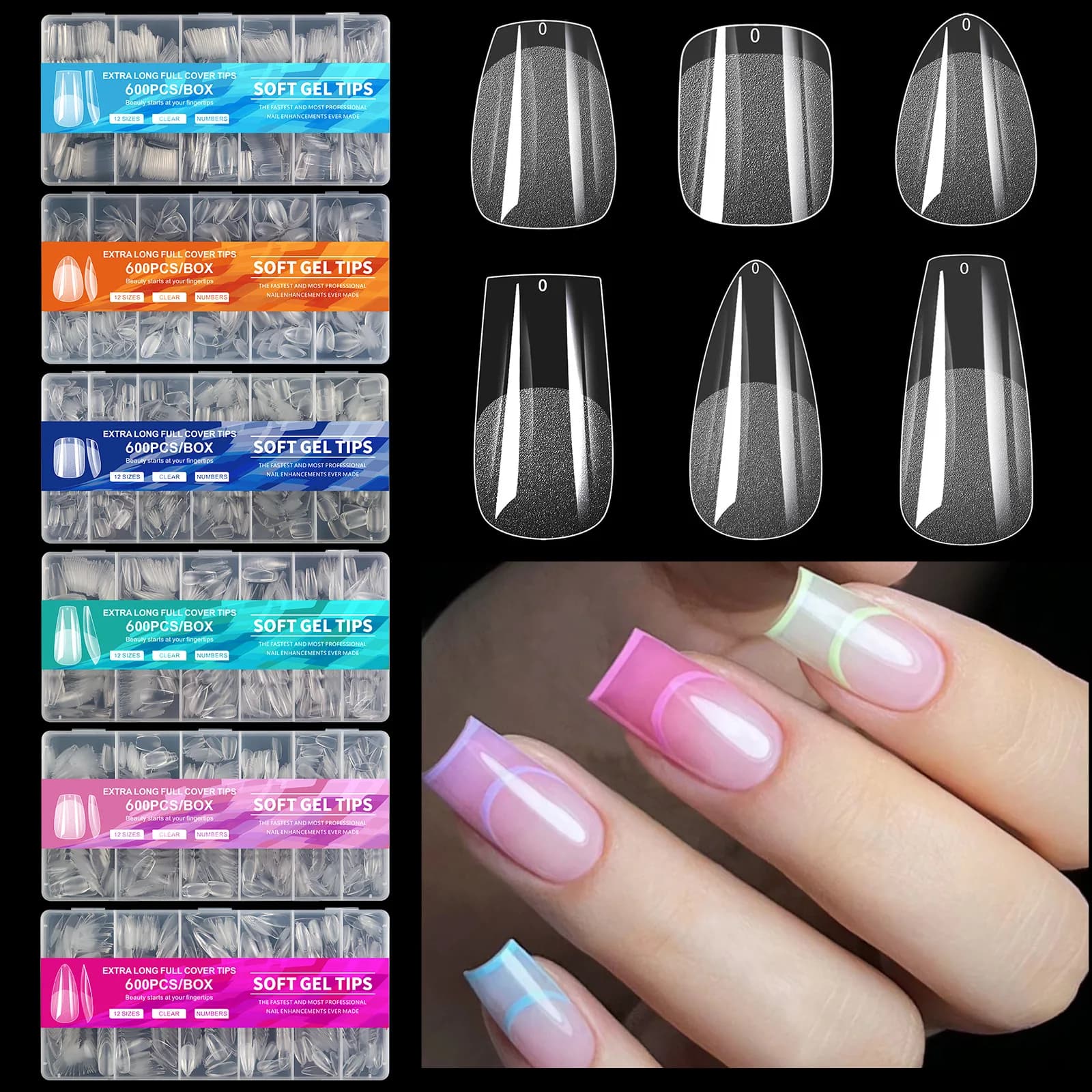 Set di punte per unghie in gel morbido a copertura totale da 240 pezzi Kit di estensione per unghie trasparenti preformate semi-opache