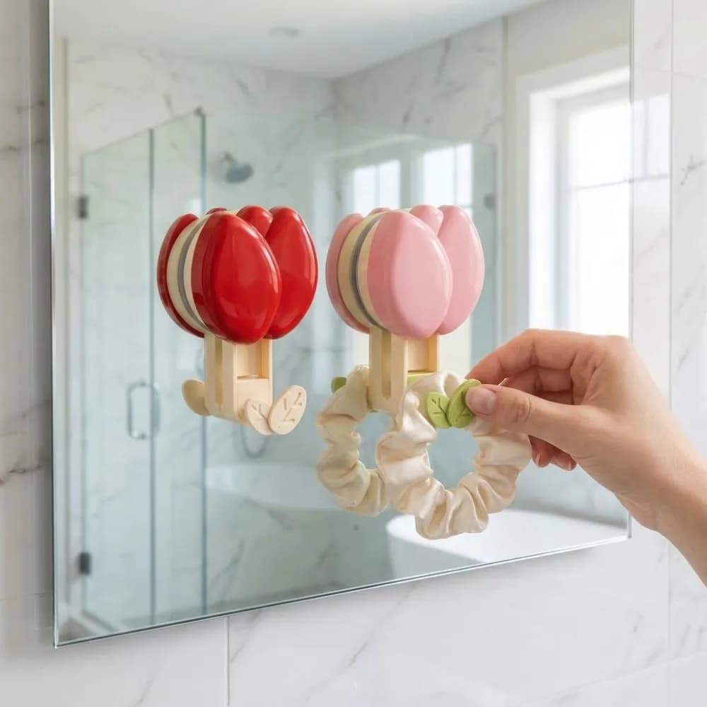Ganci a ventosa in plastica a forma di tulipano, rimovibili, senza foratura, da parete, ganci decorativi a ventosa per camera da letto