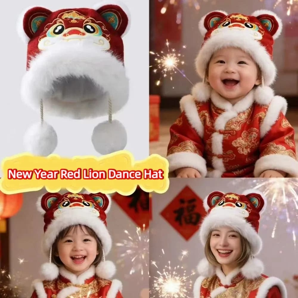 Kawaii Ear Muffs Children's Lion Dance Hat Chinese Style Cute Plush Beanies Soft Thickened New Year Red Cap Female/Girls