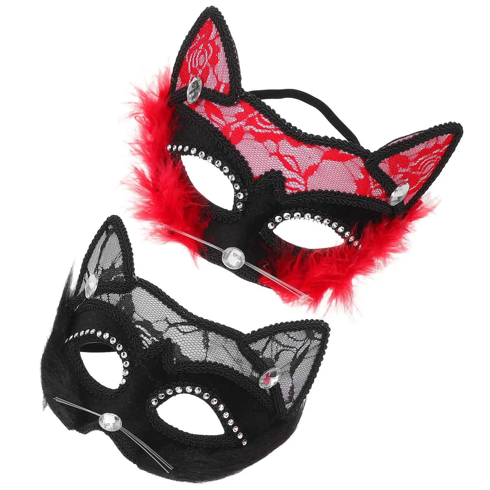 2 Pezzi Maschera da Gatto in Pizzo per Mascherata, Maschera per il Viso per Halloween, Costume da Gatto per Adulti, Maschere per Cosplay Femminile