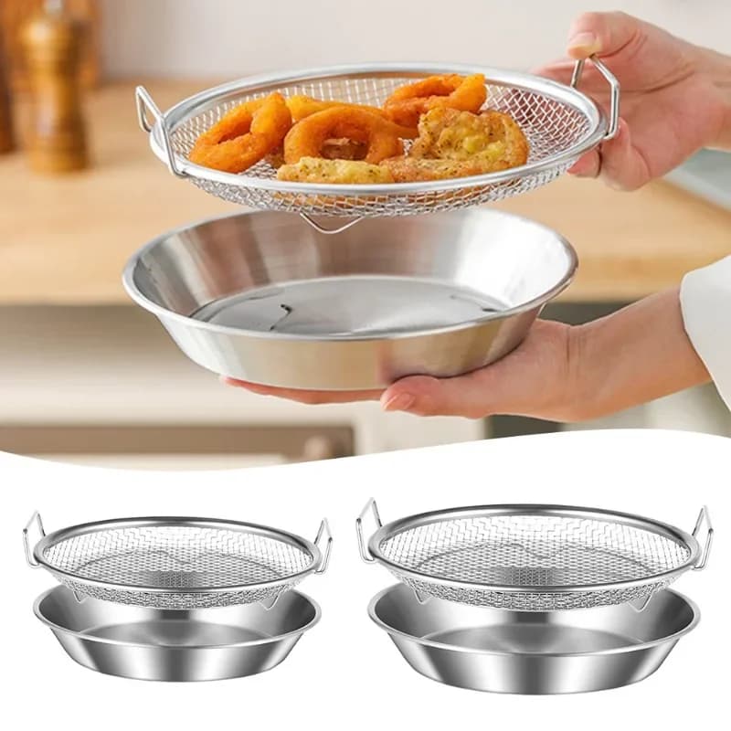 Stainless Steel round Barbecue Pan Multi-Purpose Household Oil Residue Filter for Air Fryer Draining Vegetables Noodles Fruit