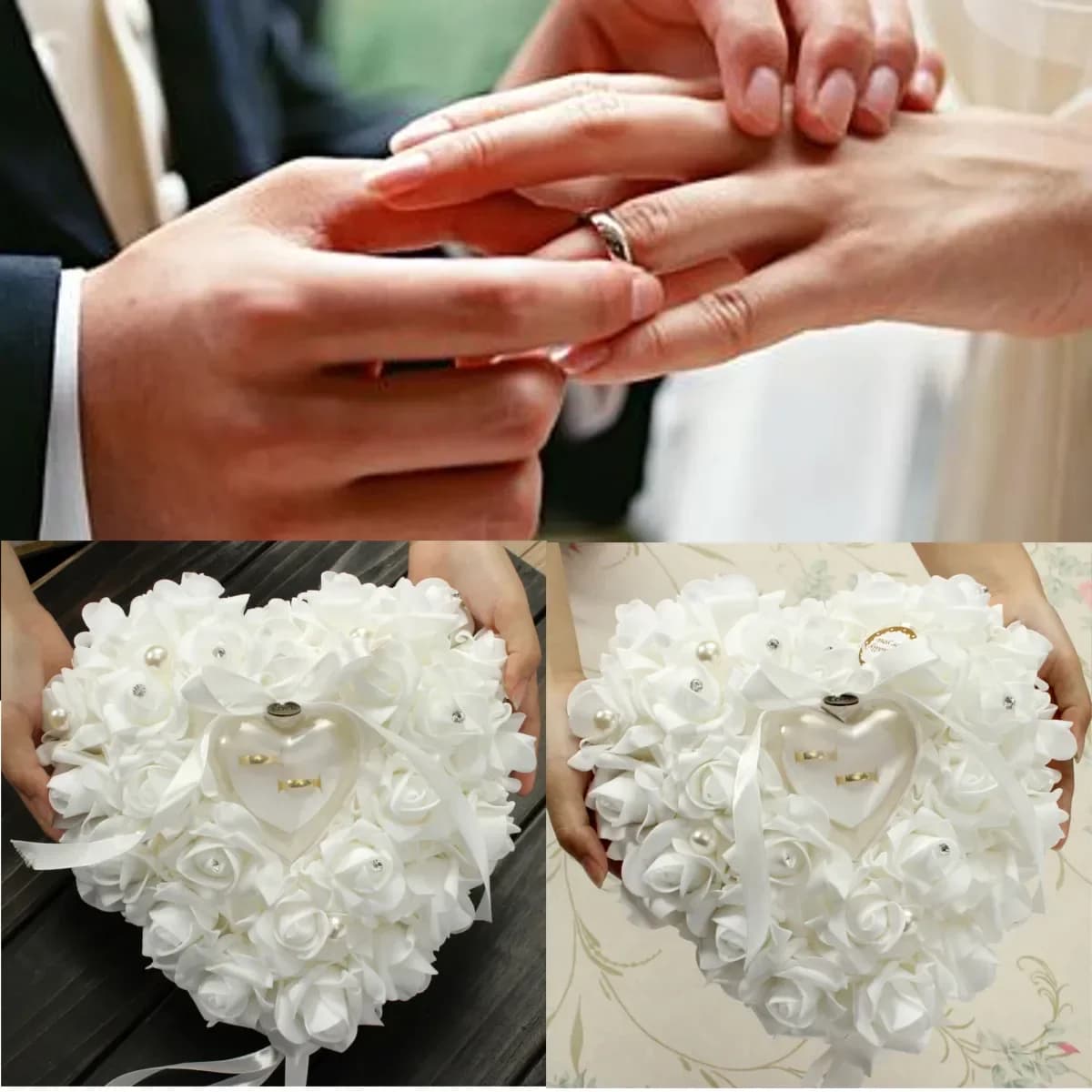 Porta anelli bianco Porta cuscino Porta cuscino a forma di cuore Fiori di rosa Scatola per anelli Custodia per gioielli da sposa Regalo romantico di San Valentino