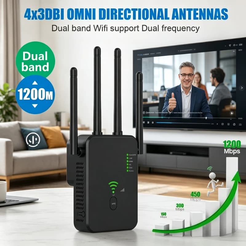 NUOVO Ripetitore WiFi Dual-Band 802.11ac 2026 1200Mbps (300Mbps) Amplificatore Gigabit per Segnale WiFi 2.4G e 5G con WPS