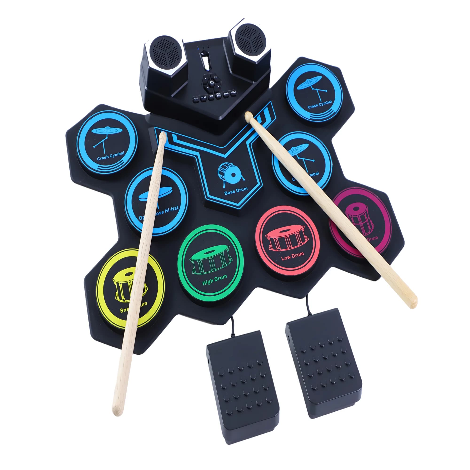 Kit Batteria Elettronica Ultra-Portatile RollDrum a 7 Pad con USB MIDI, Doppi Pedali, Altoparlante Integrato e Jack per Cuffie per Pratica Silenziosa