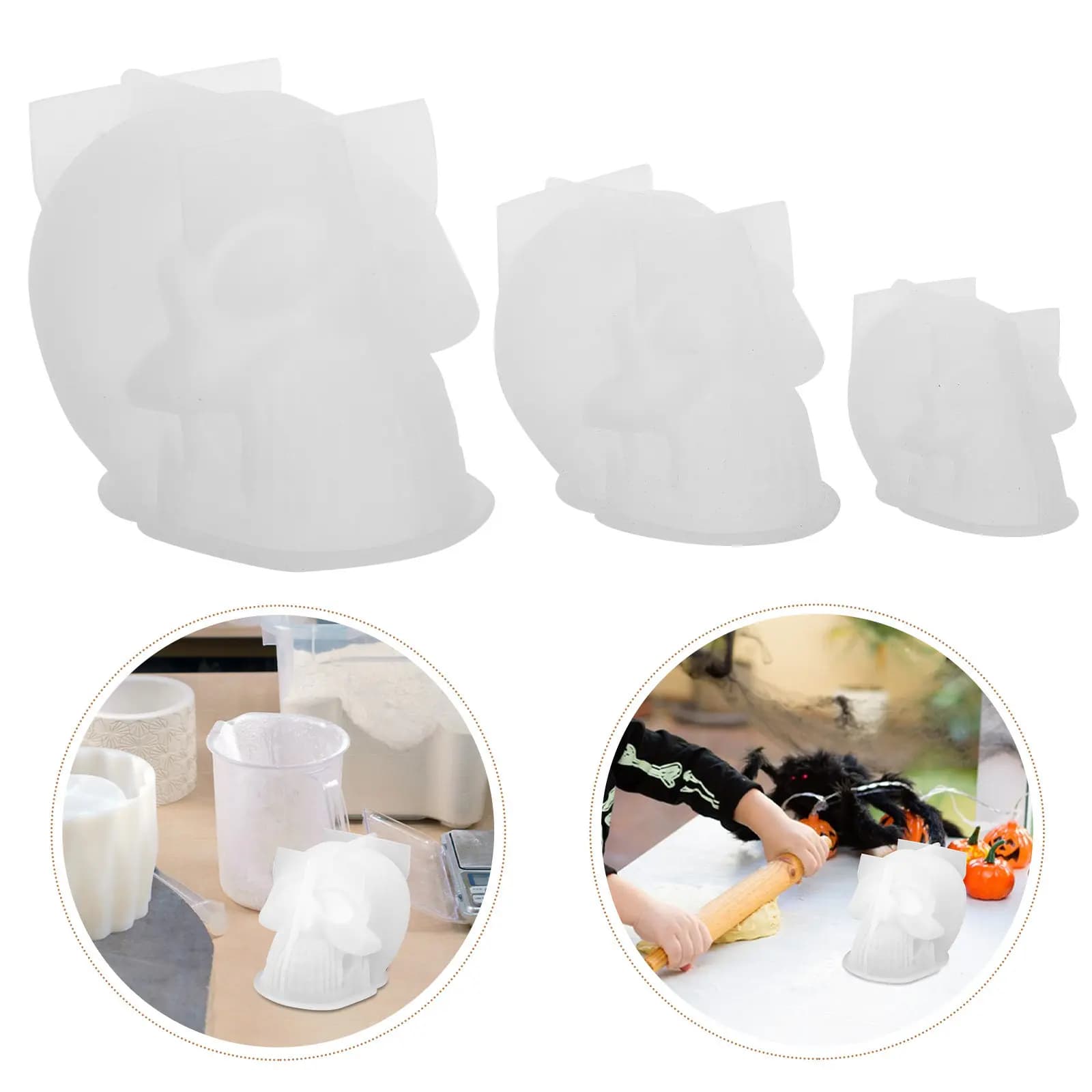 3Pcs Flexible Silicone Skull Molds Detailed 3D for Halloween Resin Soap Wax Clay Crafts Home Decor Party