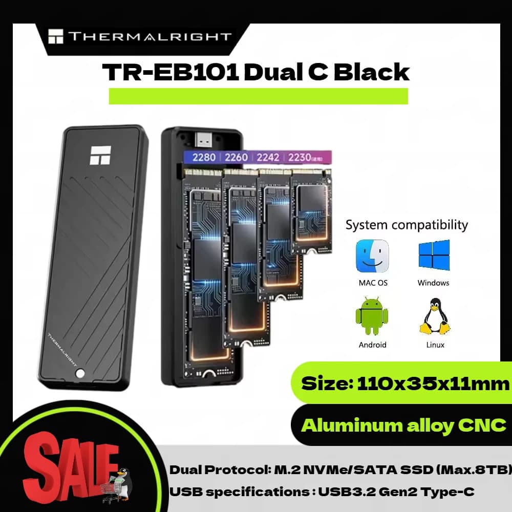 Thermalright TR-EB101 C Black Box esterno per SSD M.2 NVMe SATA con USB-C e USB 3.2 Gen 2 da 10 Gbps, in alluminio.