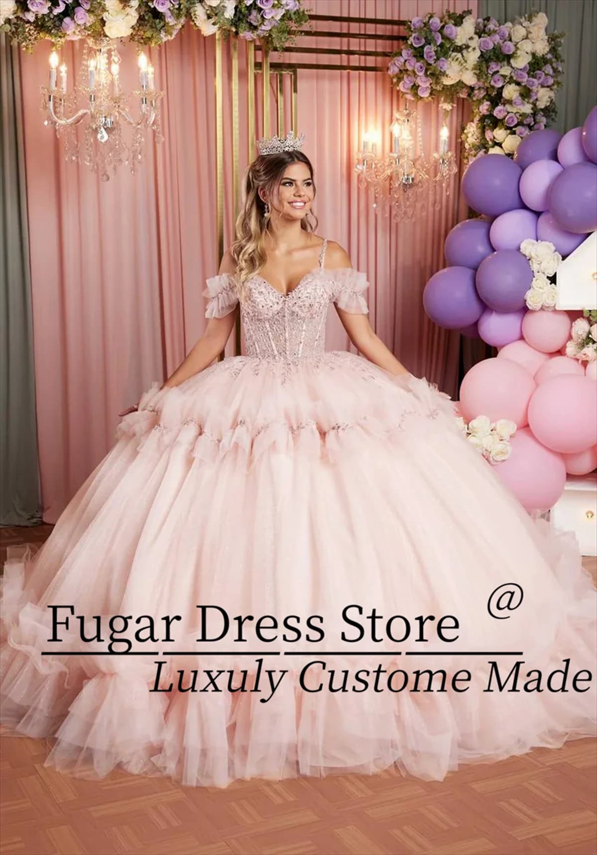 Abito Quinceanera sexy personalizzato con spalle scoperte Fiori di cristallo scintillanti Abito da ballo con pieghe a strati trasparenti Abiti da sposa