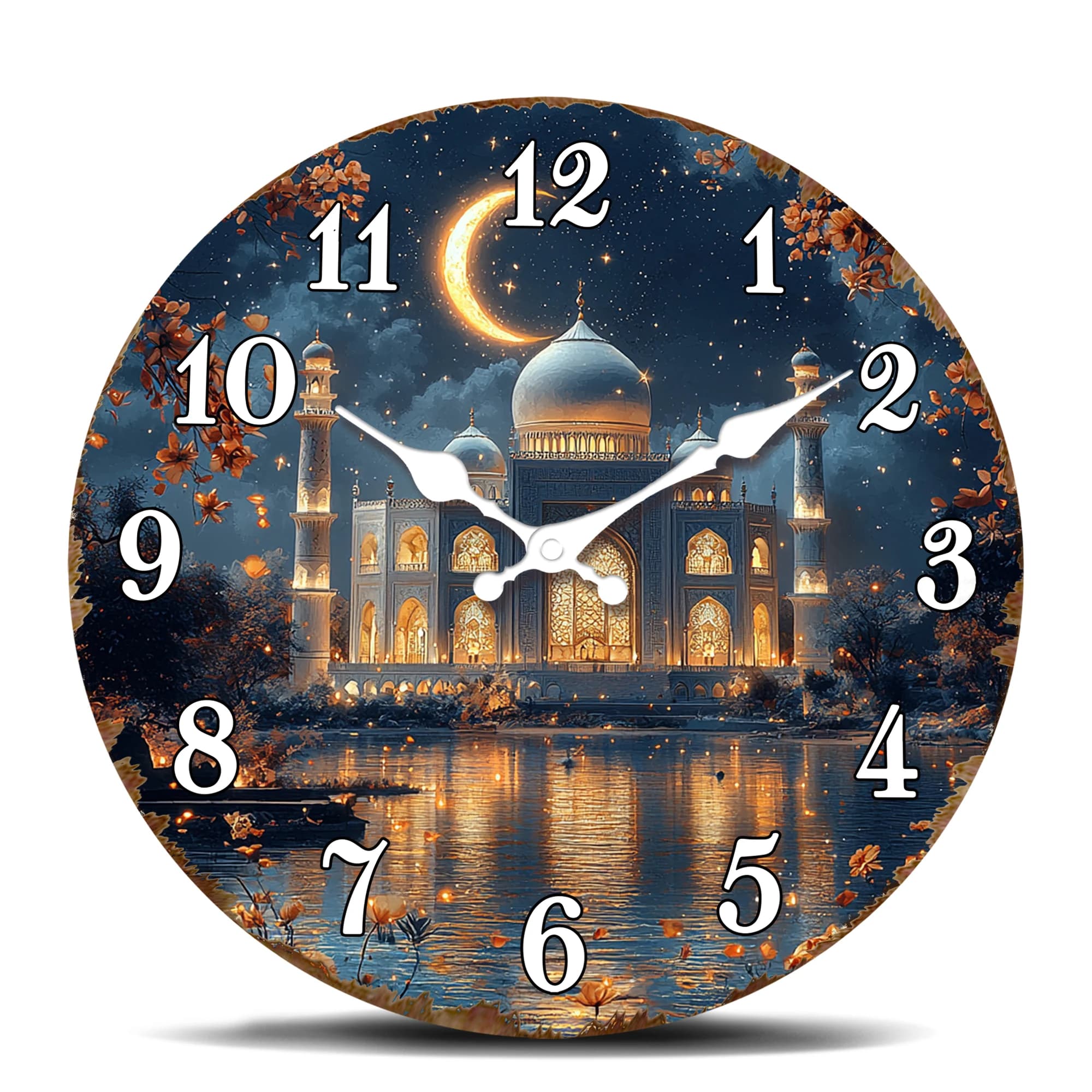 Orologio da Parete Illuminato con Moschea Notturna e Luna Crescente, Orologio Decorativo Rotondo a Tema Architettura Islamica, Sereno e Spirituale
