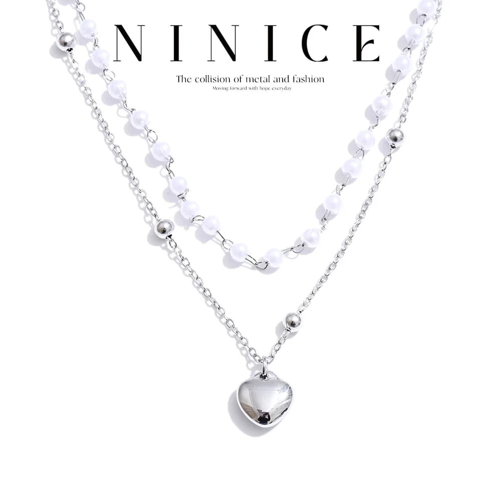 NiNice Arrivals Imitation Pearls Double-Layer Chain Heart Drop Stacking Necklace Stainless Steel Exquisite Chic Jewelry