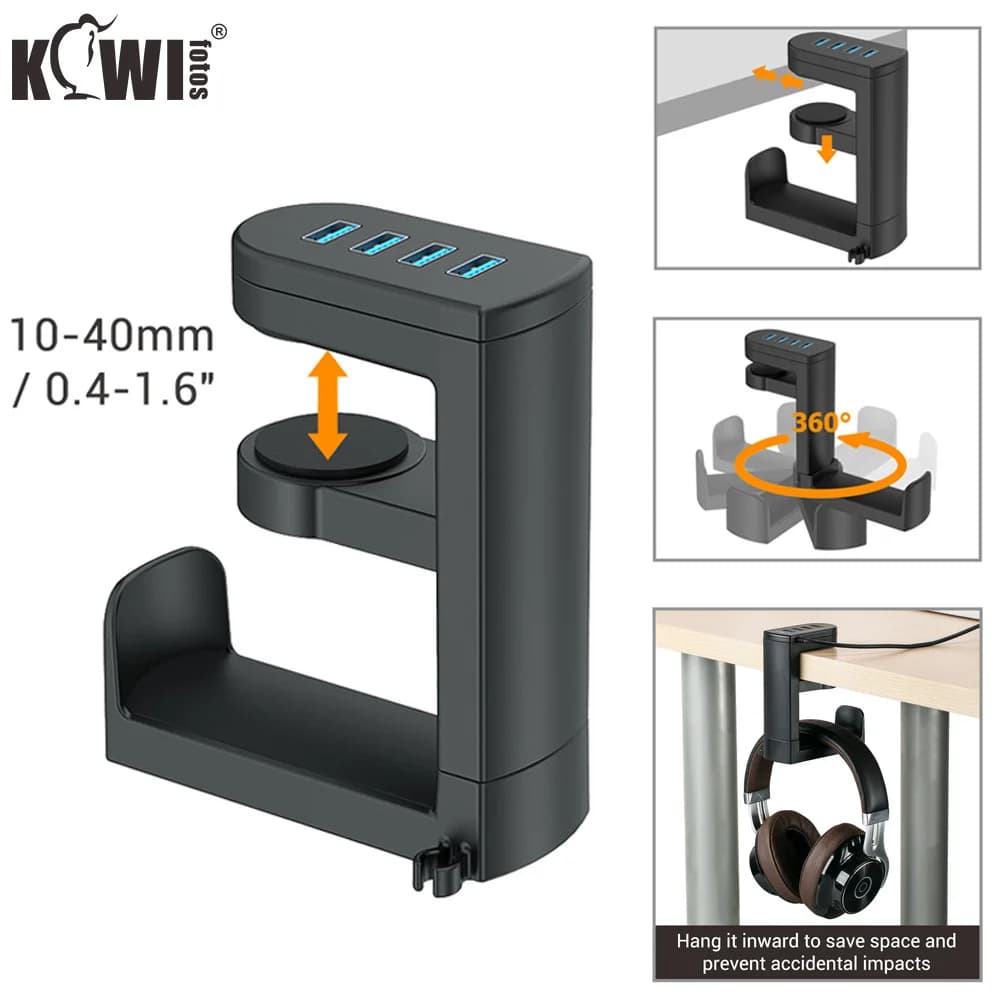 Support for headphones with 4 USB ports 360 ° Rotating clamp for desktop headphone support with quick USB 3.0 data transfer Organize your desk
