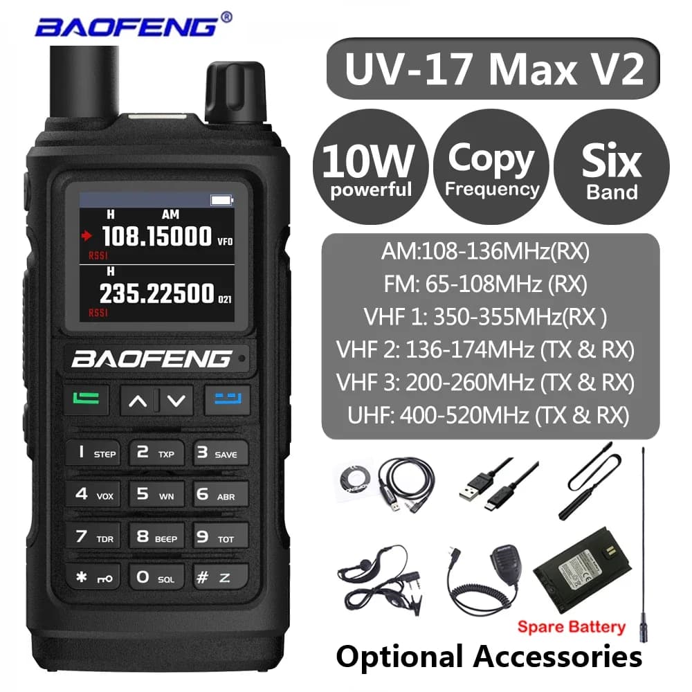 Baofeng 10W UV17 Max V2 Walkie Talkie Radio portatile a lungo raggio FM Radio professionale a 2 vie per la caccia Six Bands Freq Copy