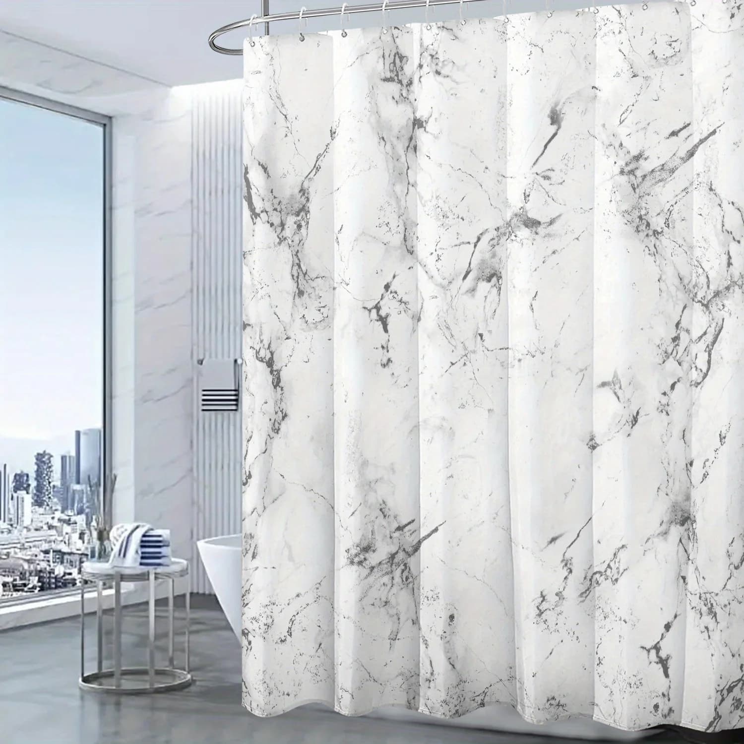 Tenda Doccia Effetto Marmo Grigio con Base Bianca, Impermeabile in Poliestere, Elegante Decorazione per Bagno, Vasca e Doccia, 1 Pezzo