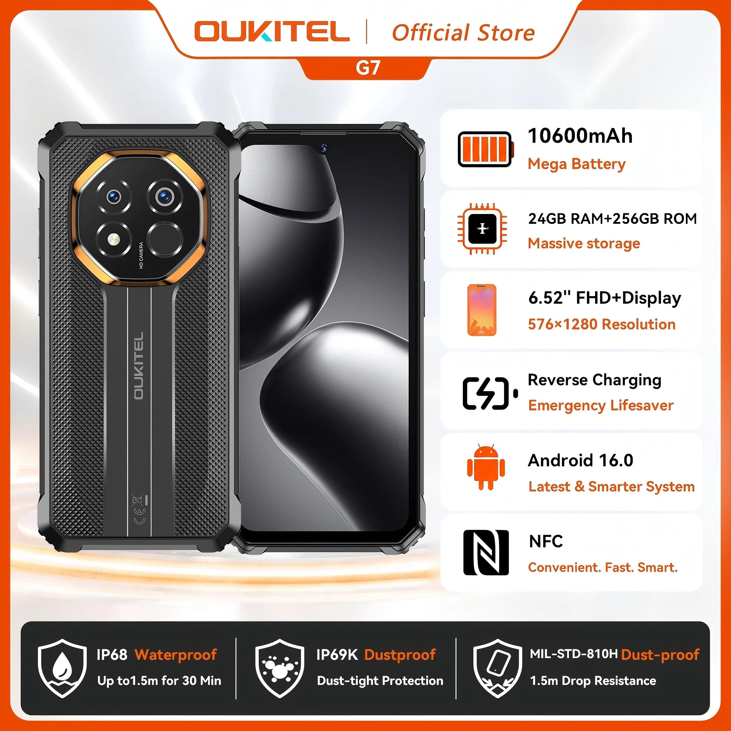 OUKITEL G7 Smartphone Robusto 10600mAh, 24GB (8+16)+256GB, Display 6.52", Fotocamera 64MP, Impermeabile IP68, NFC, Android 16