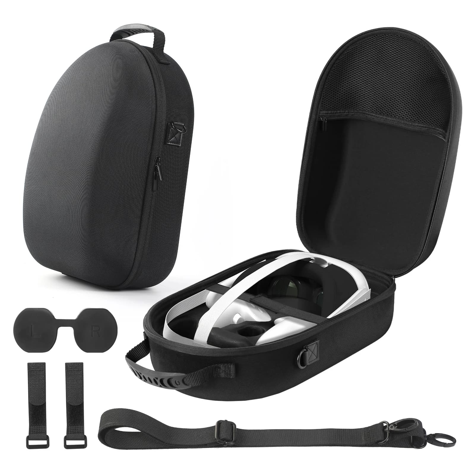 Custodia da Viaggio Rigida Anti-Graffio con Copri Lenti e Fascette per Cavi, con Tracolla per Visore VR Meta Quest 3 e Controller