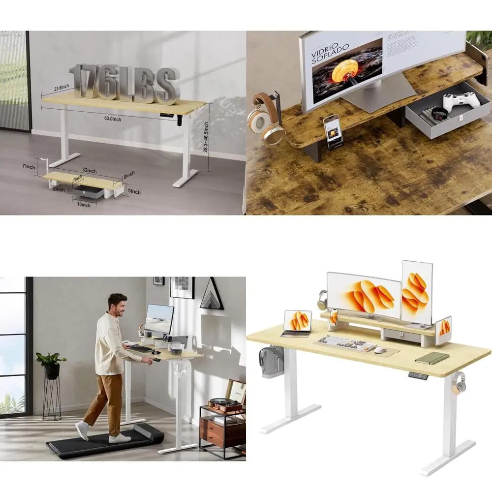 Electric Desk Ergonomics in Oak with Monitor Support, 63x24 Height Adjustable, Paper Door Desk and Hooks for Home Office