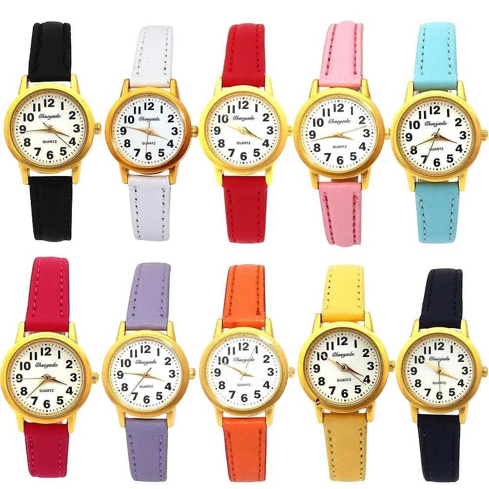 10Pcs Kids Quartz Wristwatch Simple Number Dial Leather Watch for Boys & Girls Students Children's Watch Women