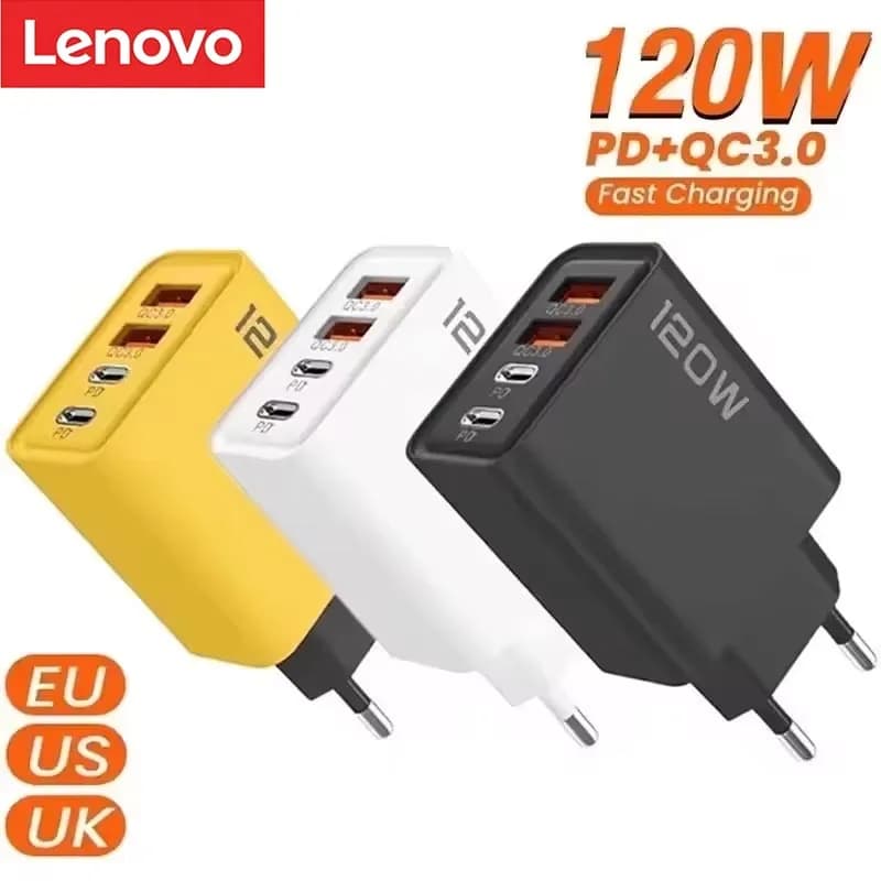 Lenovo 120W Charger Fast 4 Port USB Type-C Charging PD Mobile Phone Quick Charge 3.0 Wall Adapter For iPhone 17 Samsung Huawei