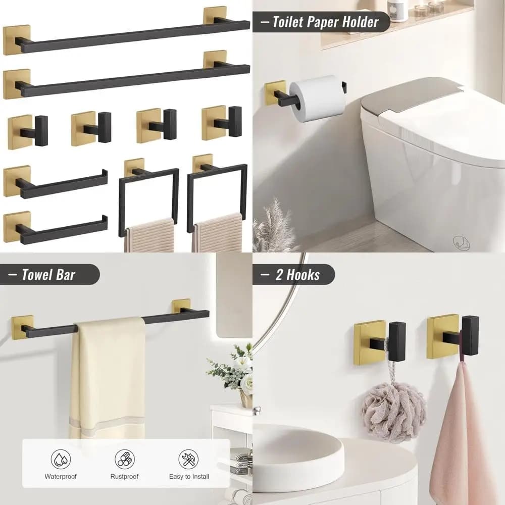 Set portasciugamani nero e dorato da 10 pezzi, accessori hardware per il bagno in acciaio inossidabile, finitura Premium SUS304, elegante arredamento da bagno