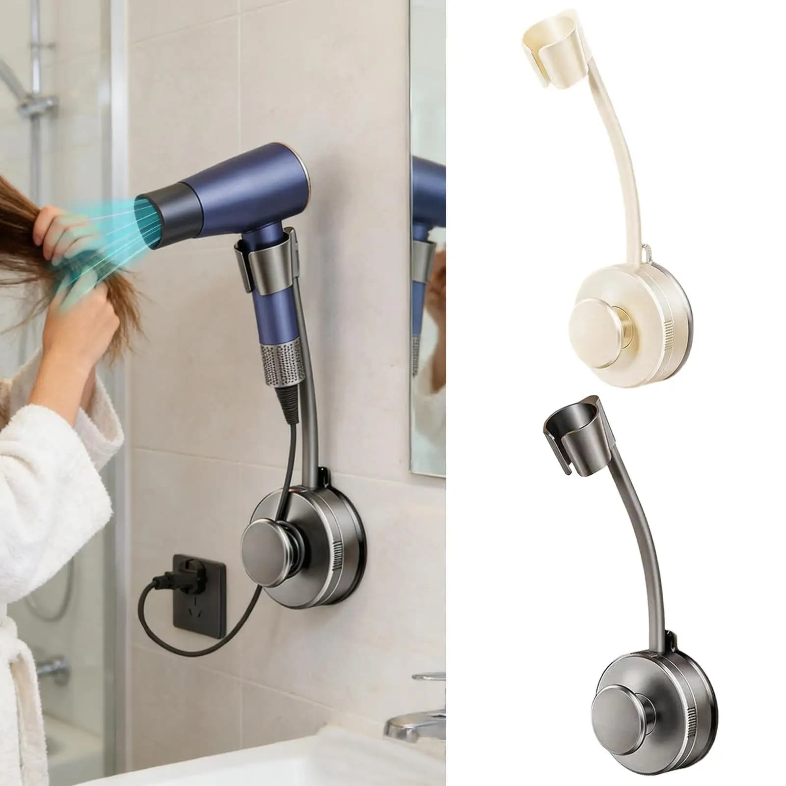 Free hand hairdryer support with 360-degree swivel arm, hair dryer support with suction cup, adjustable hairdryer holder