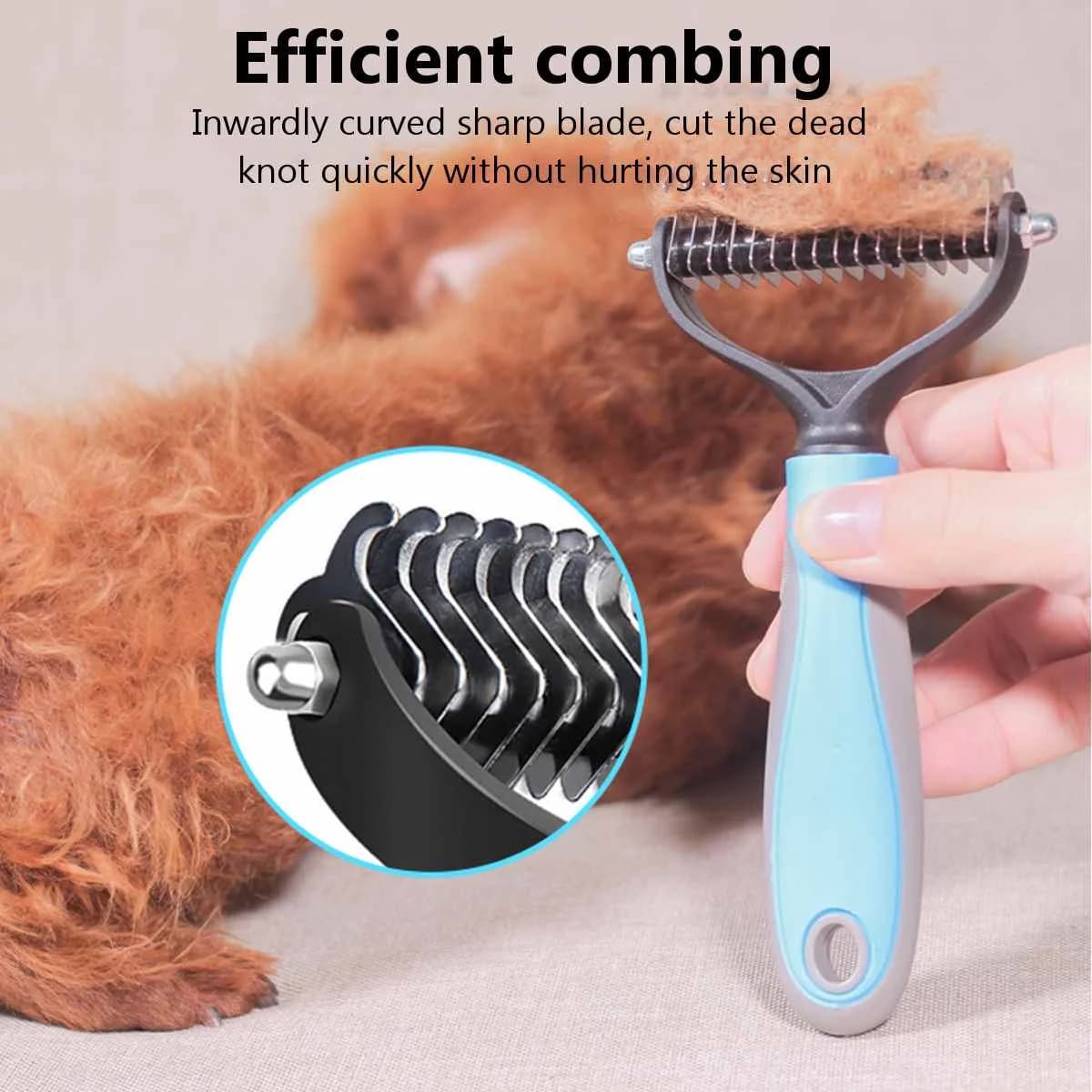 Spazzola per toelettatura animali domestici a 11/16 denti, pettine a doppia faccia per la rimozione del pelo e lo sciogliere del sottopelo per cani e gatti