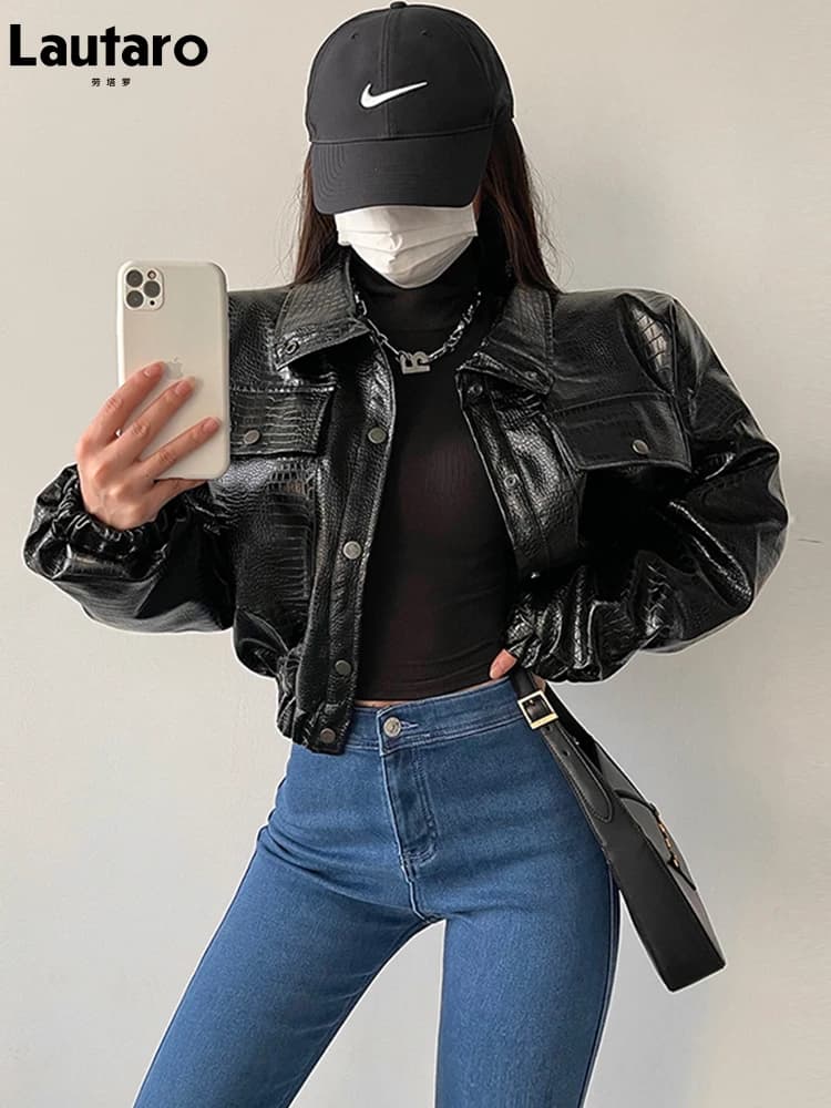 Giacca da donna in ecopelle con stampa coccodrillo Lautaro, corta, fresca, oversize, moda europea streetwear, abbottonata, primavera