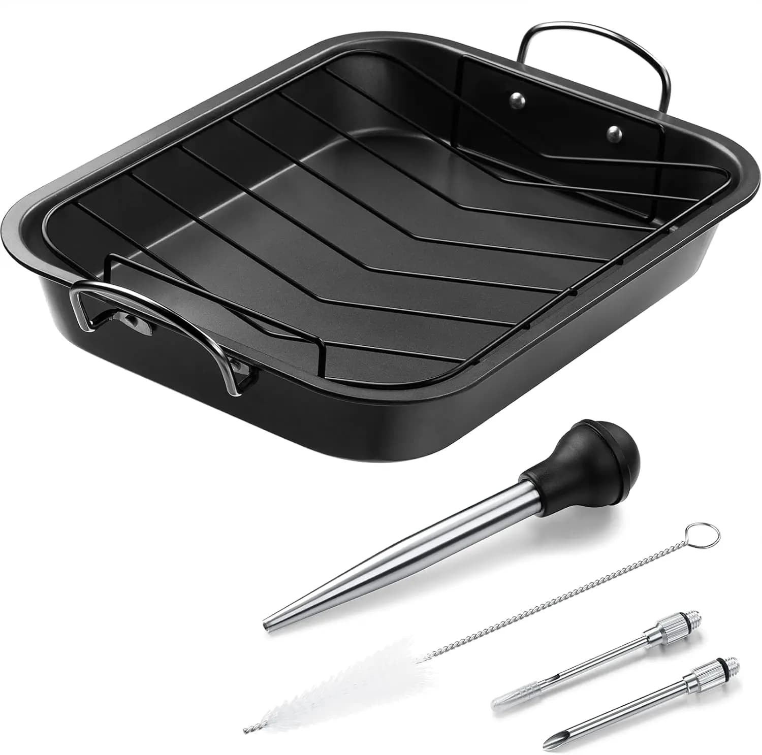 14.6 x 11.4 inch turkey roasting pan with grill, injector and brush for cleaning, non-stick