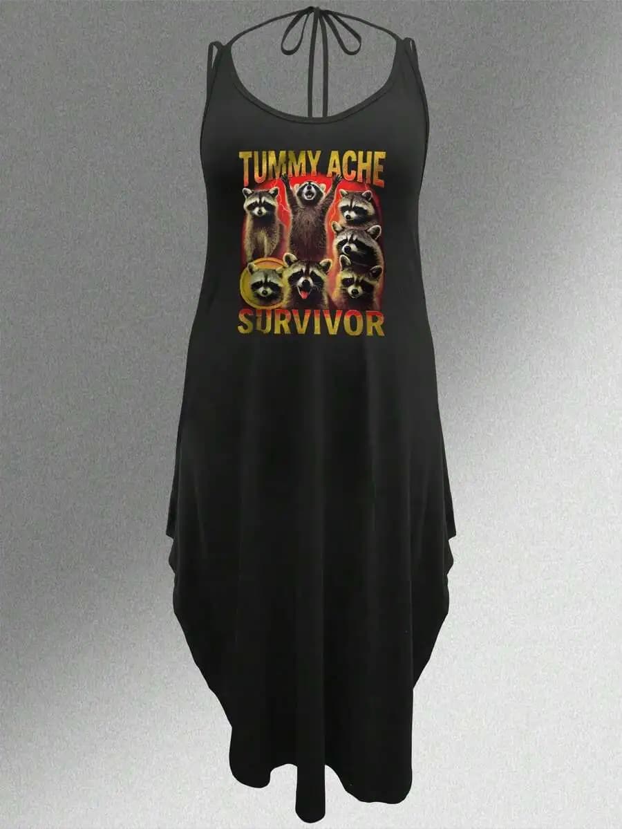 Abito lungo da donna con stampa Tummy Ache Survivor, senza maniche, scollo a V, con laccetti sul retro, abito lungo casual estivo