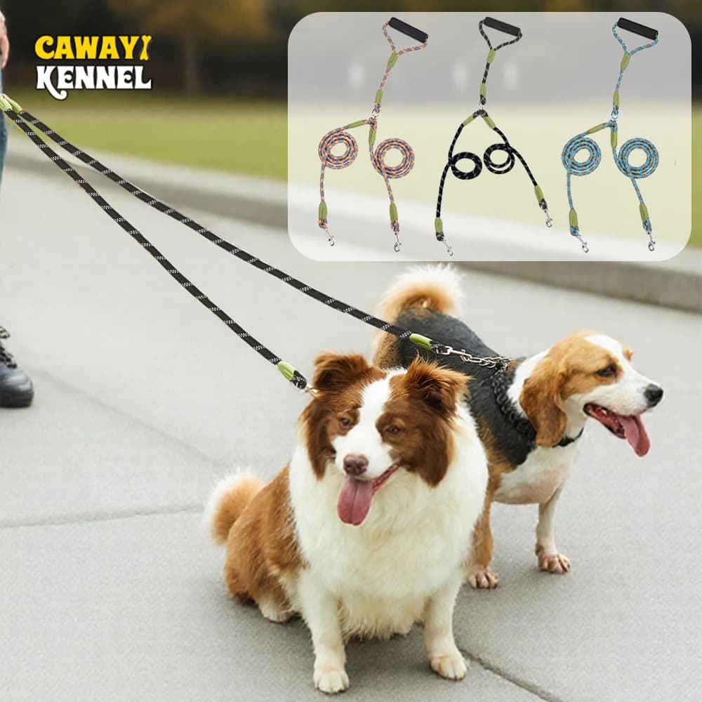 Guinzagli per corda di trazione senza grovigli in nylon riflettente da 1 pezzo per 2 cani Guinzagli a doppia testa per cani da compagnia Allenamento a piedi Corsa