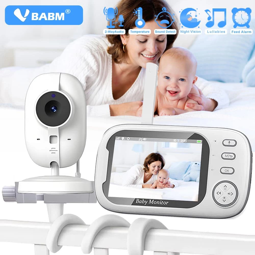 VBABM Monitor video per bambini da 3,5 pollici con visione notturna, monitoraggio della temperatura, audio bidirezionale, telecamera per neonati con supporto a T