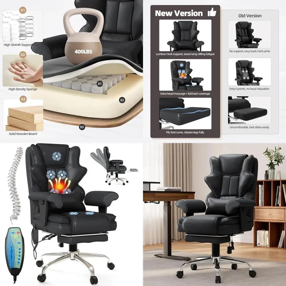 7-Function Massage Office Chair, Heated, Ergonomic with Footrest, Adjustable Armrest, Ideal for Work, Study, Gaming, Black