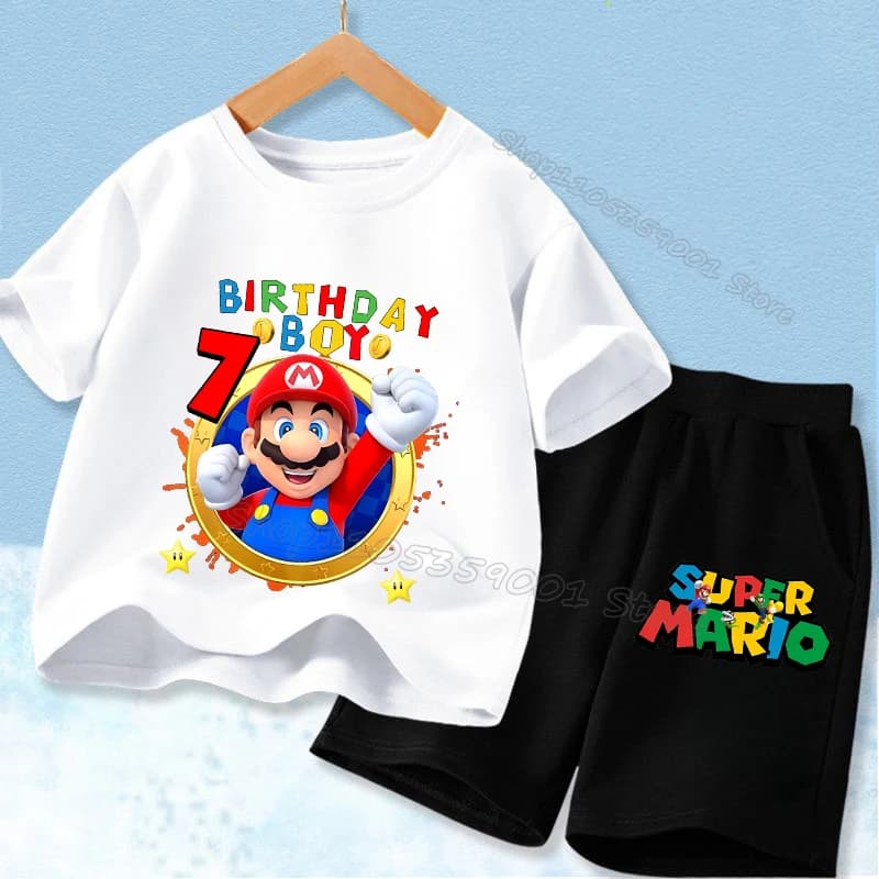 Super Mario Children's T-shirt and Shorts Set, Birthday Party Set, Short Sleeves Court with Cartoni Animati