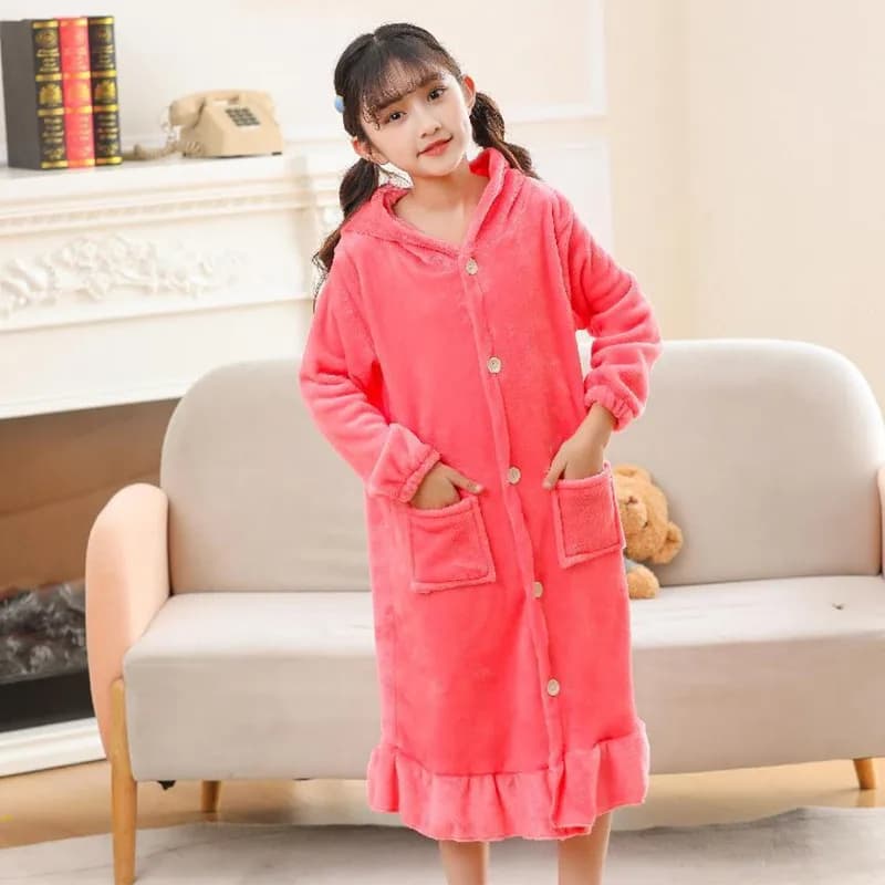 Hoodies for girls Bathrobes in winter flannel with hood Towel Pigiama in lace Dress for family 3-15T