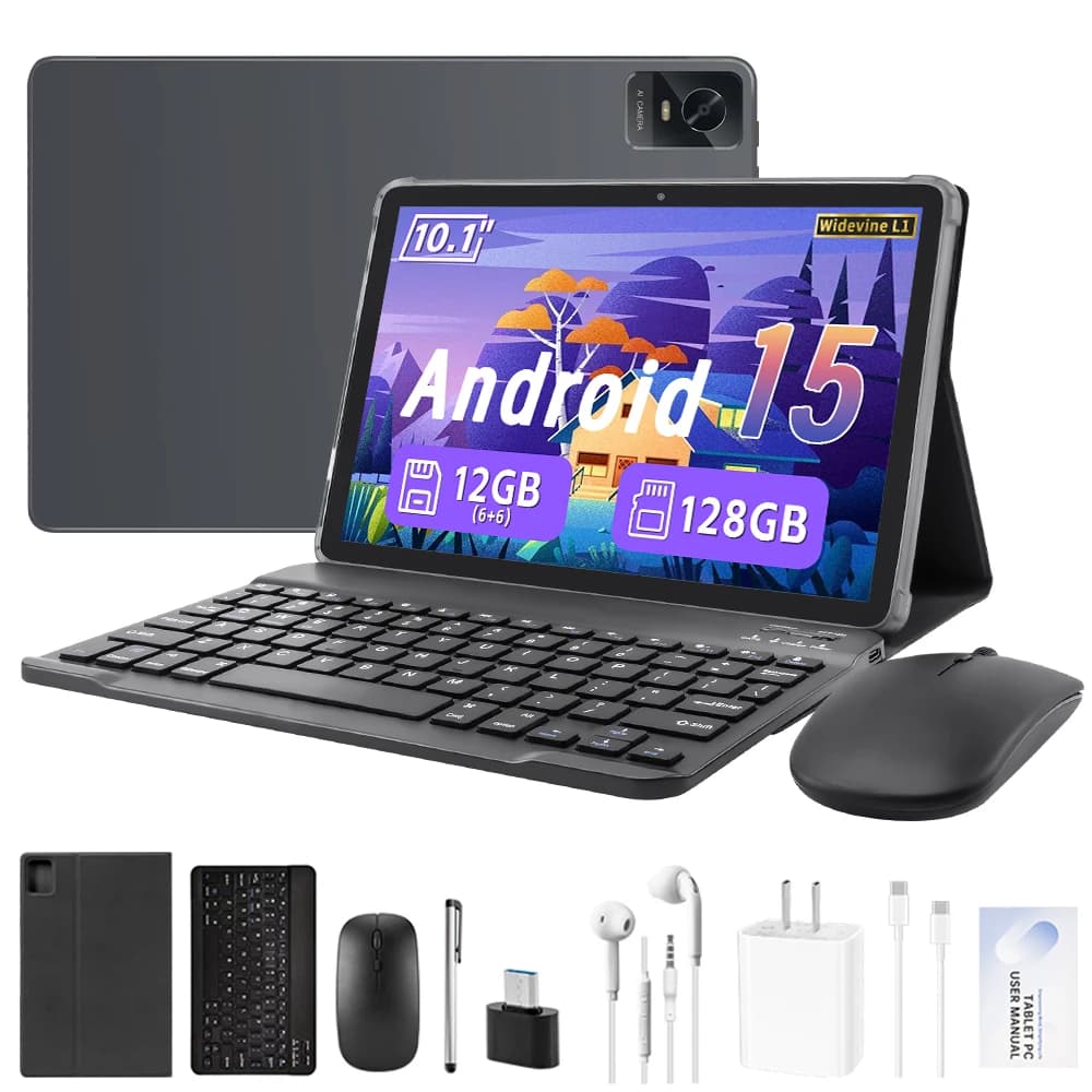 Android 15 Tablet 10.1" HD Screen 12GB RAM 128GB ROM Helio G80 Octa Core 5+13MP Camera 6000mAh WiFi 6 for Work Entertainment