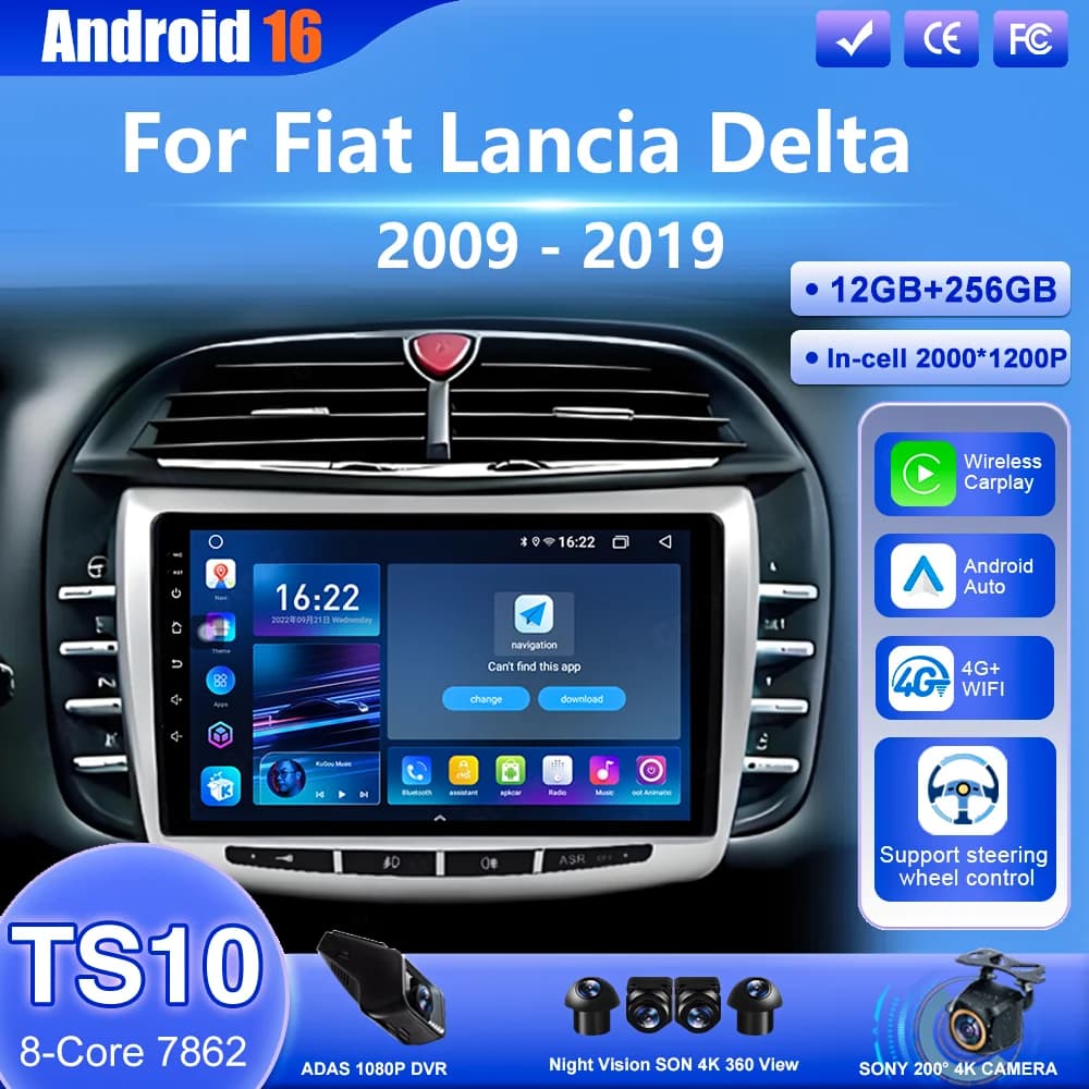 Android 16 Carplay for Fiat Lancia Delta 2009 - 2019 Autoradio GPS Multimedia Reader Navigation 4G Touch Screen Without 2Din DVD