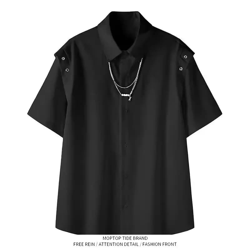 Men's Long Sleeve Shirt Drapey Loose Fit Polyester Fiber Youth Trend Casual Inner Wear Layering Necklace Deconstructed Necklace