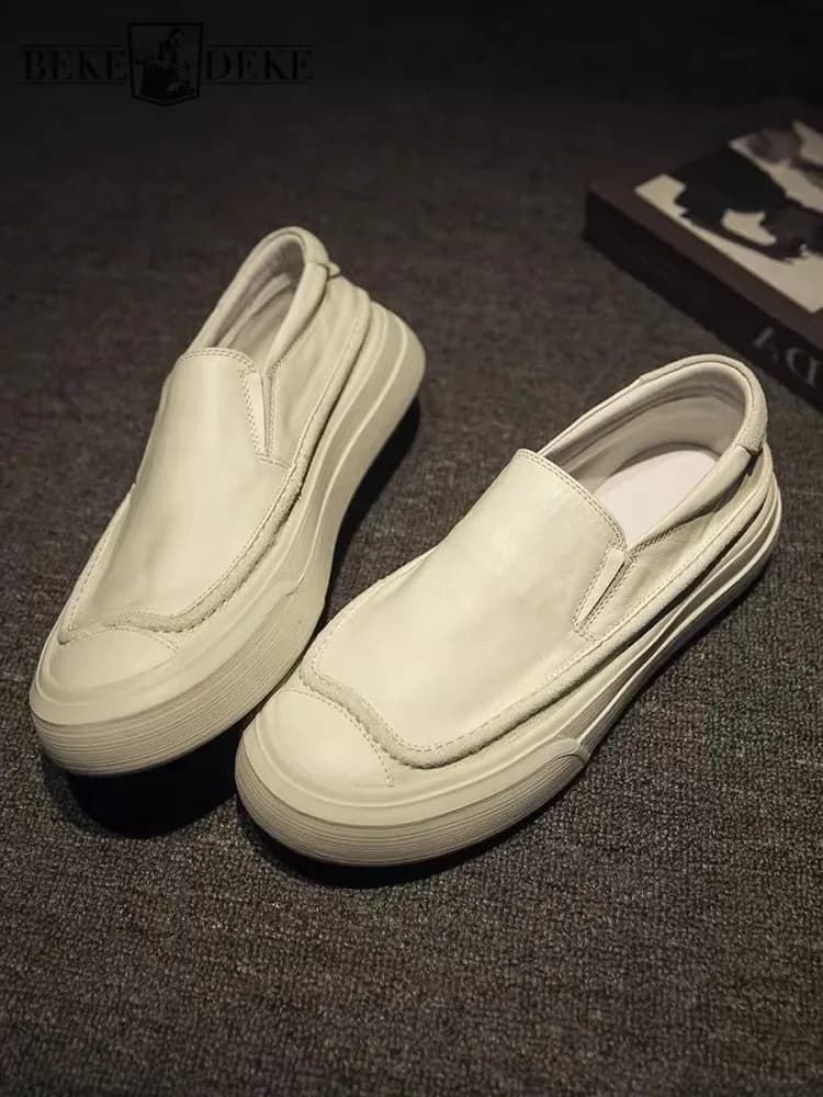 Mocassini slip-on comodi da uomo autunnali Taglio basso Punta tonda Piattaforma spessa Scarpe da skateboard casual Scarpe in vera pelle di vacchetta