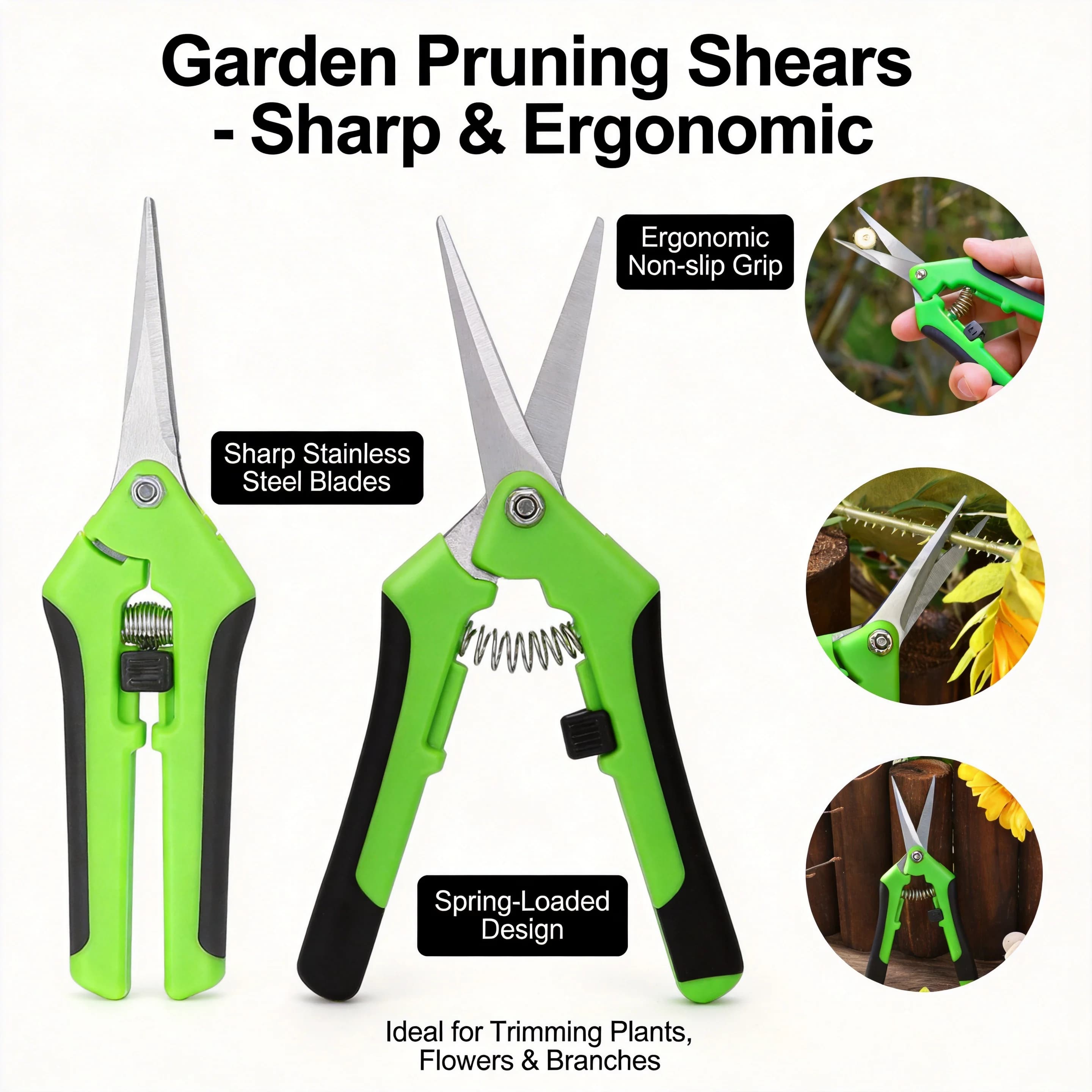 Garden Pruning Shears Set - Stainless Steel Trimming Scissors for Flowers, Branches, and Herbs with Non-Slip Ergonomic Handles