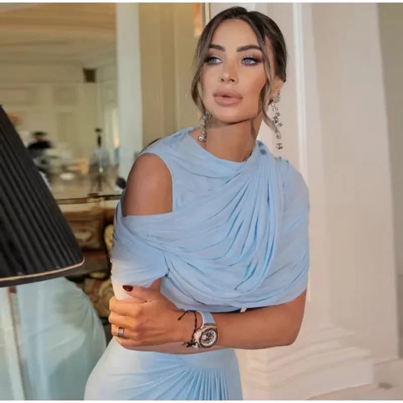 Blu Scialle A Pieghe Maxi Vestito Delle Donne Elegante Manica Corta Slim Fit Vestito Da Sera Del Partito 2025 Primavera Estate Chic Solido Nuovi Abiti