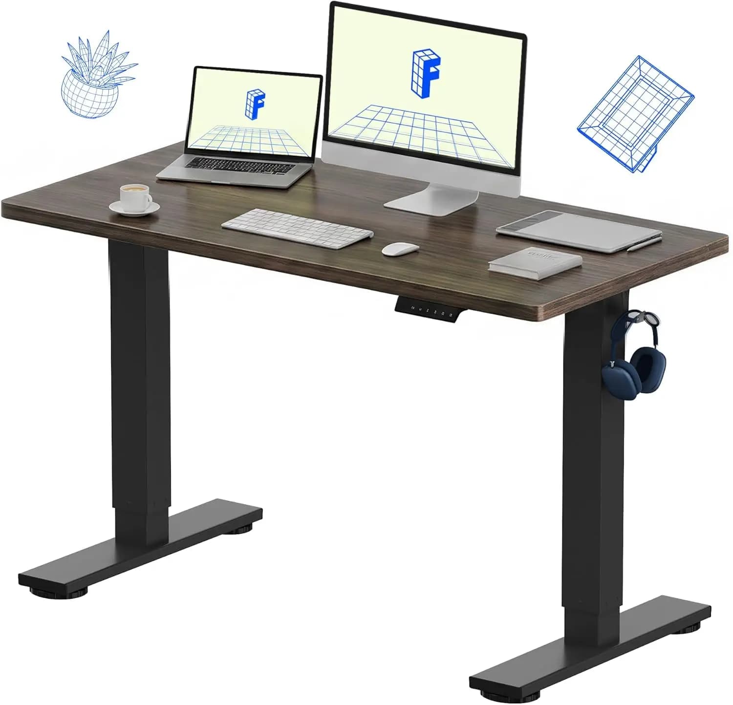 Electric Adjustable Standing Desk One-Piece Design, 48"x24" Black Walnut, with 4 Memory Presets, 176 LBS Capacity, Stable & Quiet Seamless Desktop, for Home Office and Dual Monitors