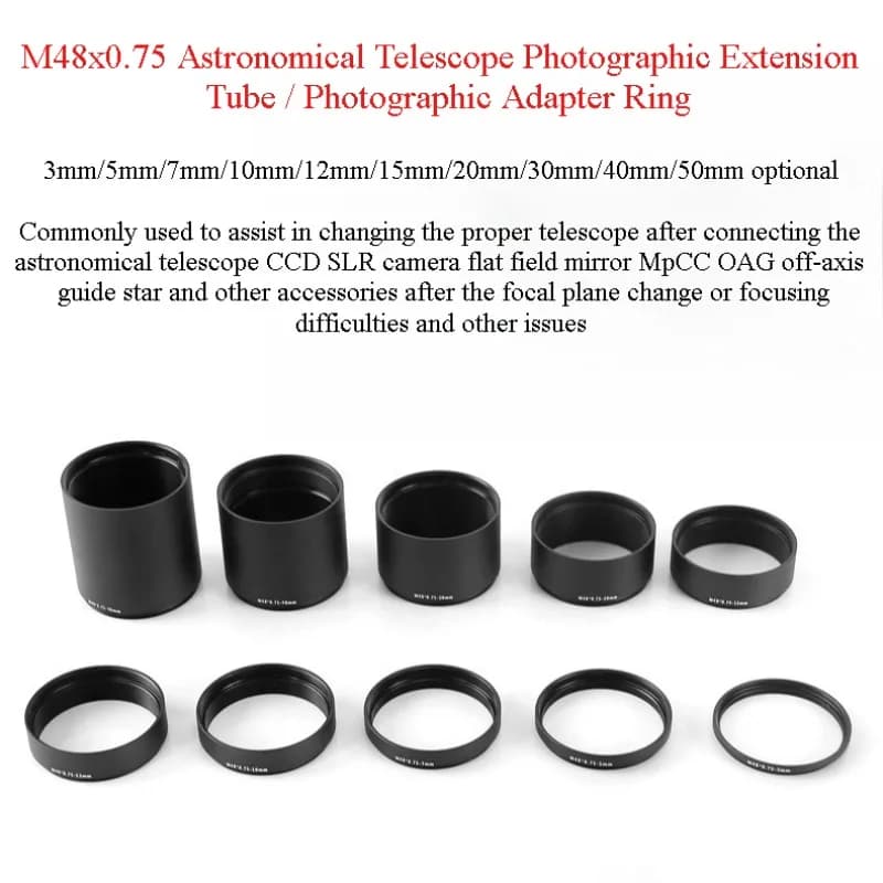 Anello di Estensione M48X0.75 T2 3/5/7/10/12/15/20/30/40/50mm, Adattatore per Teleobiettivo, Accessorio per Fotografia con Telescopio Astronomico