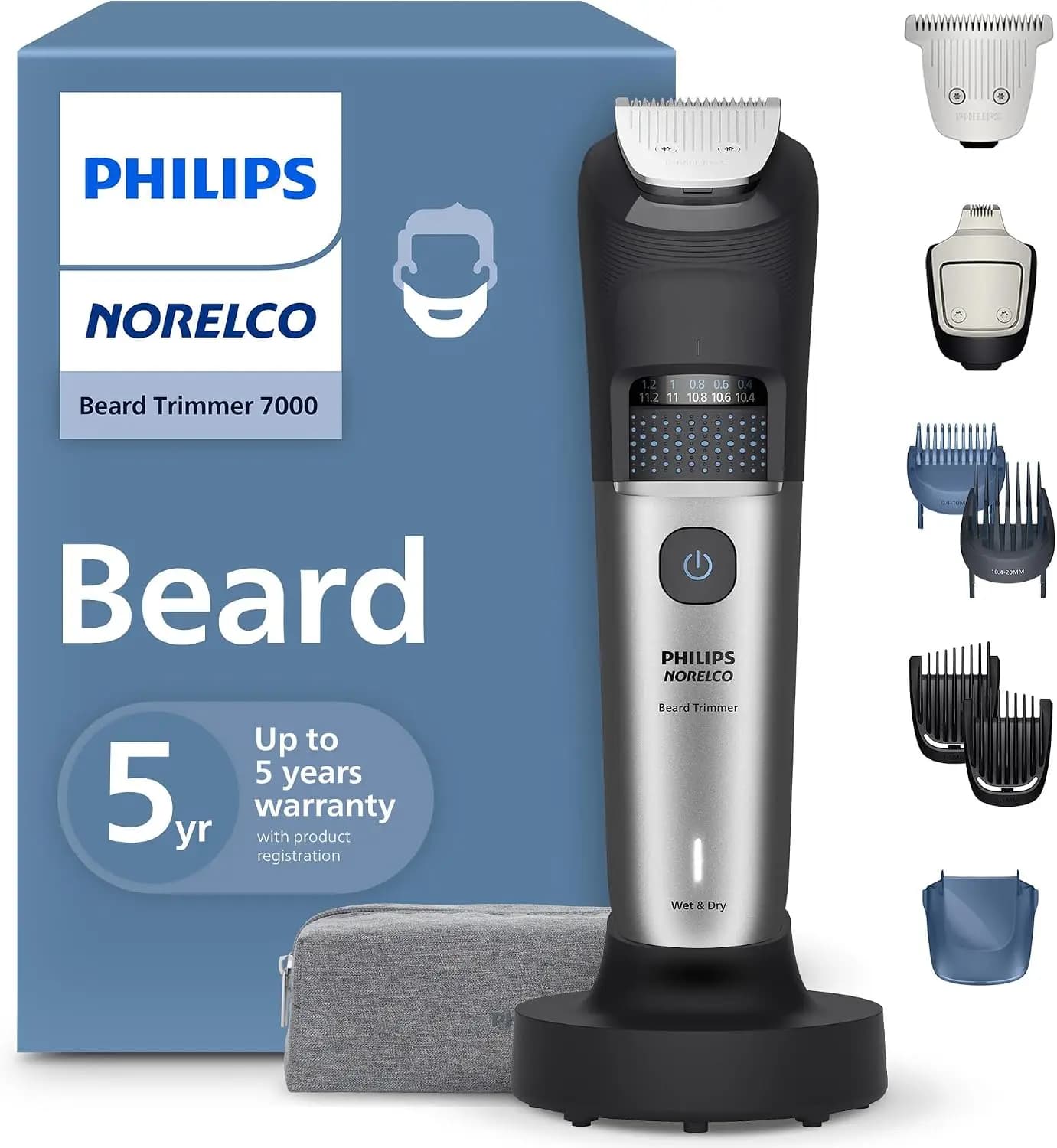 100% Waterproof Beard Trimmer, 40 Lock-in Settings, Self-Sharpening Blades, 120 Min Runtime, Charging Stand