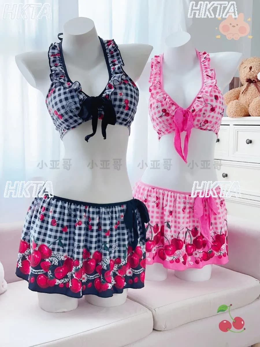 Japanese Sweet Plaid Cherry Print Split Swimsuit Women Kawaii Sexy Bikini Ruffled Edge Bow Slim Vacation Swimsuit Girls Swimming